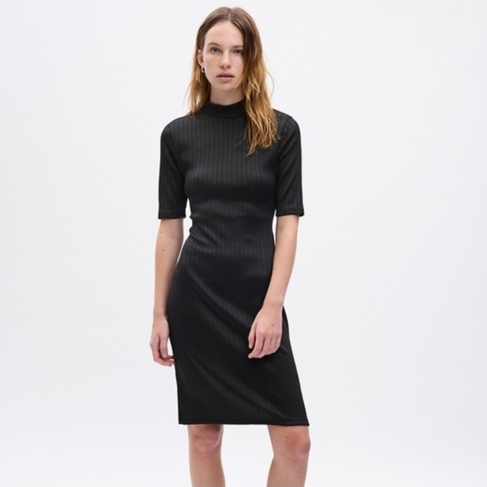 GAP Black Ribbed Mockneck Dress Short Sleeves XS Y2K